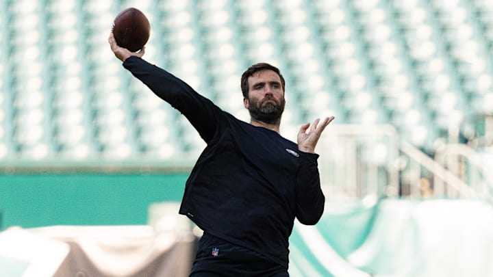 Aug 12, 2021; Philadelphia, Pennsylvania, USA; Philadelphia Eagles quarterback Joe Flacco warms up