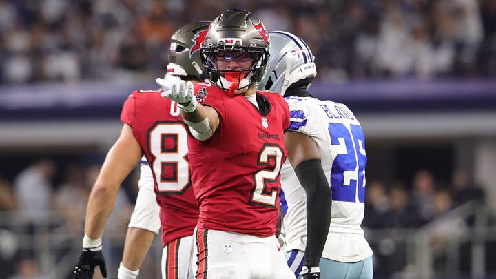 Tampa Bay Buccaneers wide receiver Emeka Egbuka (2) reacts against the Dallas Cowboys at AT&T Stadium. Tampa Bay Buccaneers wide receiver Emeka Egbuka (2) reacts against the Dallas Cowboys at AT&T Stadium.