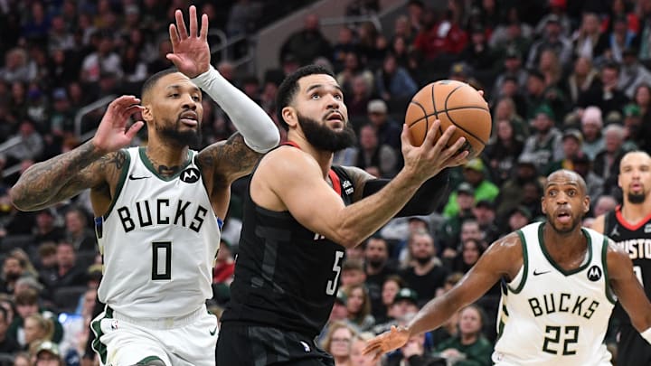 Dec 17, 2023; Milwaukee, Wisconsin, USA; Houston Rockets guard Fred VanVleet (5) shoots then ball against the Milwaukee Bucks at Fiserv Forum. Mandatory Credit: Michael McLoone-Imagn Images