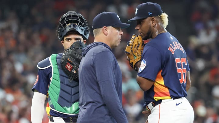 Jun 16, 2024; Houston, Texas, USA; Houston Astros pitching coach Joshua Miller (36) visits Houston Astros starting pitcher Ronel Blanco (56) on the mound as they play against the Detroit Tigers in the seventh inning at Minute Maid Park Jun 16, 2024; Houston, Texas, USA; Houston Astros pitching coach Joshua Miller (36) visits Houston Astros starting pitcher Ronel Blanco (56) on the mound as they play against the Detroit Tigers in the seventh inning at Minute Maid Park