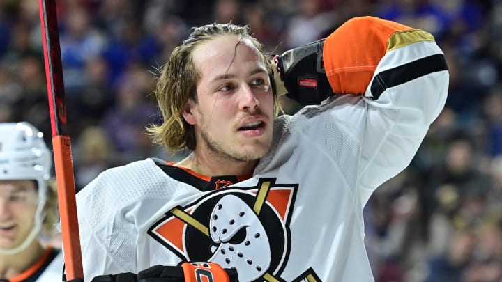 Jan 24, 2023; Tempe, Arizona, USA; Anaheim Ducks left wing Max Comtois (44) looks on in the first period against the Anaheim Ducks at Mullett Arena. Mandatory Credit: Matt Kartozian-USA TODAY Sports
