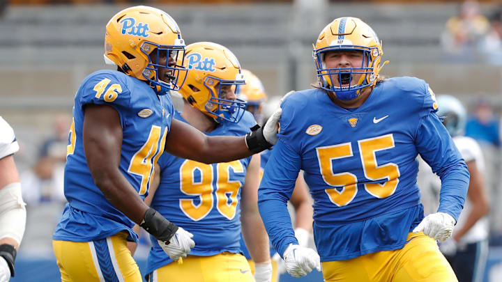 Sep 24, 2022; Pittsburgh, Pennsylvania, USA;  Pittsburgh Panthers defensive lineman Sean FitzSimmons (55) celebrates his sack with fellow defensive linemen Sam Williams (46) and Chris Maloney (96) against at Acrisure Stadium. Mandatory Credit: Charles LeClaire-Imagn Images