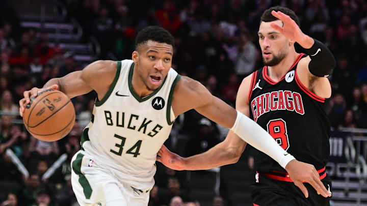 Nov 13, 2023; Milwaukee, Wisconsin, USA; Milwaukee Bucks forward Giannis Antetokounmpo (34) drives to the basket against Chicago Bulls guard Zach LaVine (8) in the fourth quarter at Fiserv Forum. Mandatory Credit: Benny Sieu-Imagn Images