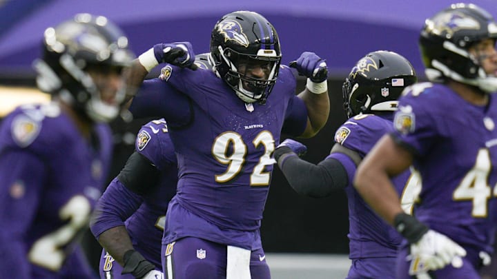 Dec 10, 2023; Baltimore, Maryland, USA; Baltimore Ravens defensive tackle Nnamdi Madubuike (92) celebrates a sack against the Los Angeles Rams during the first quarter at M&T Bank Stadium. Mandatory Credit: Jessica Rapfogel-Imagn Images Dec 10, 2023; Baltimore, Maryland, USA; Baltimore Ravens defensive tackle Nnamdi Madubuike (92) celebrates a sack against the Los Angeles Rams during the first quarter at M&T Bank Stadium. Mandatory Credit: Jessica Rapfogel-Imagn Images