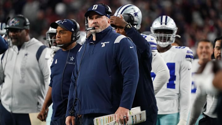 Oct 17, 2021; Foxborough, Massachusetts, USA; Dallas Cowboys head coach Mike McCarthy watches from