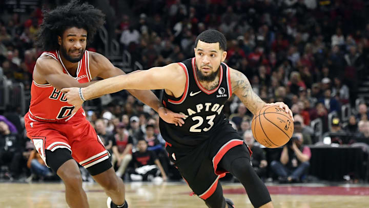 Oct 26, 2019; Chicago, IL, USA; Toronto Raptors guard Fred VanVleet (23) drives with the ball in the second half against Chicago Bulls guard Coby White (0) at United Center. Mandatory Credit: Quinn Harris-Imagn Images