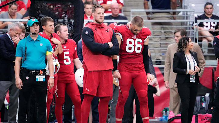 Sep 11, 2022; Glendale, Arizona, USA; Arizona Cardinals injured defensive end J.J. Watt watches the