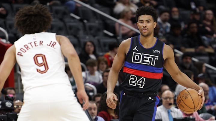 Mar 1, 2024; Detroit, Michigan, USA;  Detroit Pistons guard Quentin Grimes (24) dribbles 