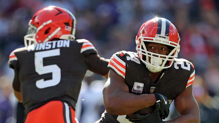 Cleveland Browns running back Nick Chubb (24) runs for yards during the first half against the Baltimore Ravens on Sunday, Oct. 27, 2024, in Cleveland, Ohio.