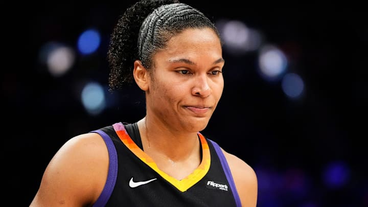 Phoenix Mercury forward Alyssa Thomas (25) reacts after a foul by the Las Vegas Aces in Game Four of the WNBA Finals at Mortgage Matchup Center on Oct. 10, 2025, in Phoenix.