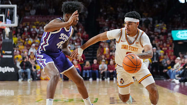 Iowa State Cyclones guard Tamin Lipsey (3) drives with the ball around TCU Horned Frogs Guard Jace Posey (41) during the first half in the Big-12 men’s basketball at Hilton Coliseum on Feb 8, 2025 in Ames, Iowa.