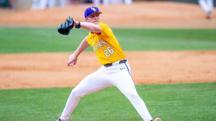 Pitcher Thatcher Hurd on the mound as The LSU Tigers take on Texas A & M. Sunday, May 5, 2024.