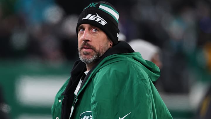 New York Jets quarterback Aaron Rodgers during the third quarter of their game against the Miami Dolphins at MetLife Stadium in East Rutherford, N.J., on Jan. 5, 2025.