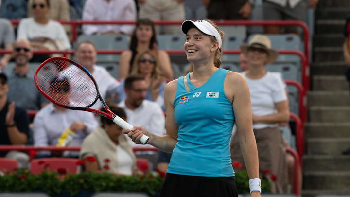 Elena Rybakina celebrates her match win against Marta Kostyuk at the National Bank Open in Montreal.