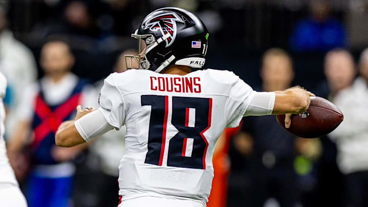 Nov 10, 2024; New Orleans, Louisiana, USA;  Atlanta Falcons quarterback Kirk Cousins (18) passes against the New Orleans Saints during the first half at Caesars Superdome.