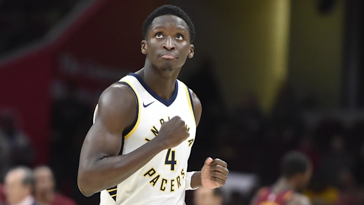 Indiana Pacers guard Victor Oladipo (4) celebrates in the fourth quarter against the Cleveland Cavaliers at Quicken Loans Arena.