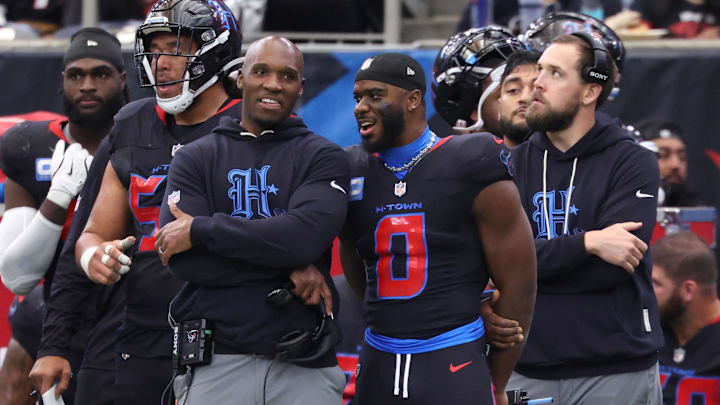 Jan 4, 2026; Houston, Texas, USA;  Houston Texans head coach Demeco Ryans on the sidelines with linebacker Azeez al-Shaair (0) during the second half Indianapolis Colts at NRG Stadium. Mandatory Credit: Troy Taormina-Imagn Images
