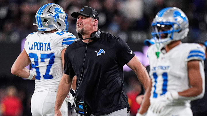 Detroit Lions head coach Dan Campbell celebrates a touchdown against Baltimore Ravens scored by running back Jahmyr Gibbs (not in the photo) during the second half at M&T Bank Stadium in Baltimore, Md. on Monday, Sept. 22, 2025.