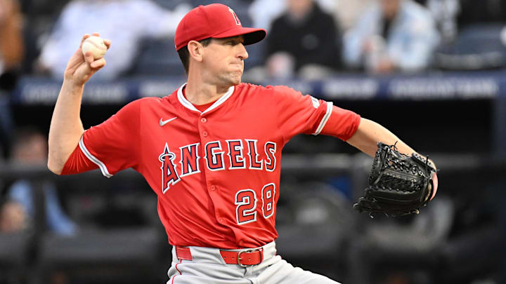 Apr 8, 2025; Anaheim, California, USA; Los Angeles Angels starting pitcher Kyle Hendricks (28) throws a pitch in the first inning against the Tampa Bay Rays  at George M. Steinbrenner Field.