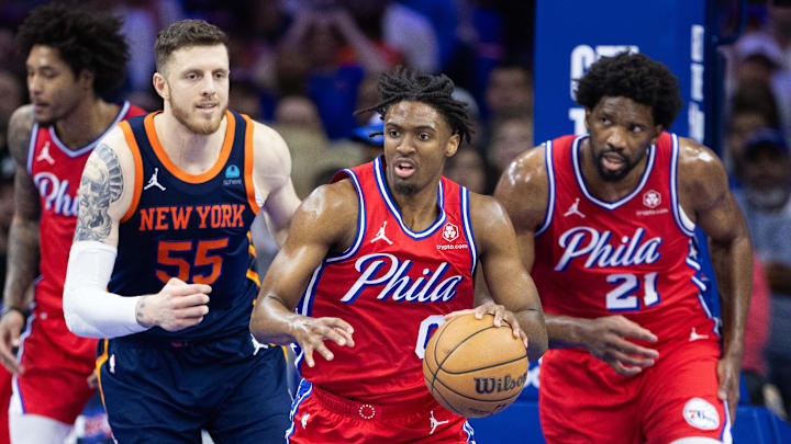Apr 28, 2024; Philadelphia, Pennsylvania, USA; Philadelphia 76ers guard Tyrese Maxey (0) dribbles the ball against the New York Knicks during the first half of game four of the first round in the 2024 NBA playoffs at Wells Fargo Center. Mandatory Credit: Bill Streicher-Imagn Images