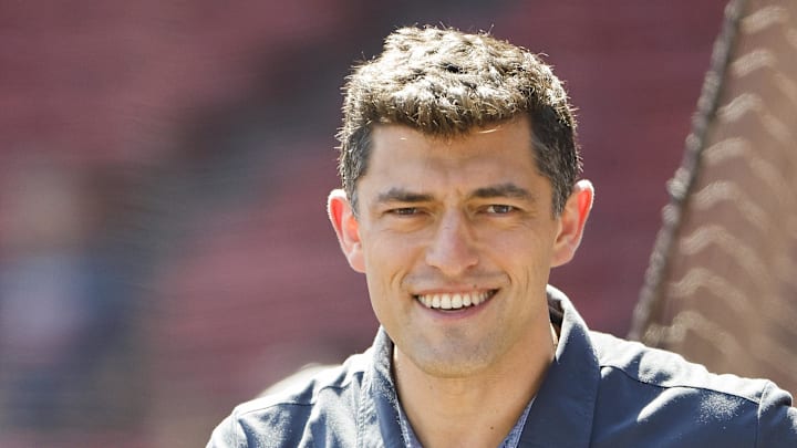 Aug 28, 2022; Boston, Massachusetts, USA; Chaim Bloom, Chief Baseball Officer of the Boston Red Sox on the field before the game between the Boston Red Sox and the Tampa Bay Rays at Fenway Park. Mandatory Credit: Winslow Townson-Imagn Images