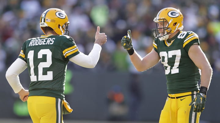Green Bay Packers quarterback Aaron Rodgers (12) and wide receiver Jordy Nelson (87) celebrate a touchdown in 2016.
