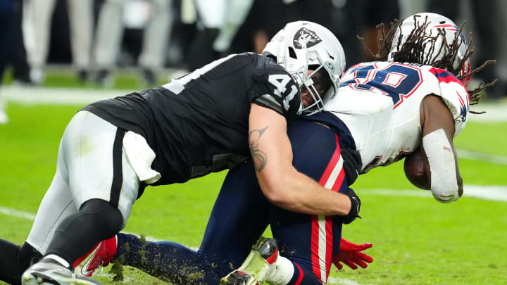 Oct 15, 2023; Paradise, Nevada, USA; Las Vegas Raiders linebacker Robert Spillane (41) tackles New