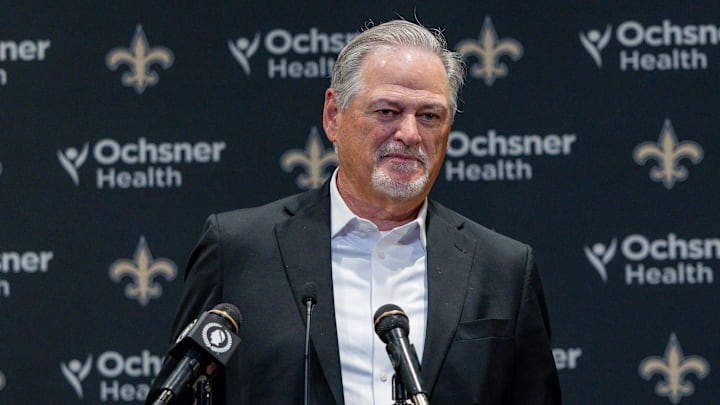 Nov 23, 2025; New Orleans, Louisiana, USA;  New Orleans Saints general manager Mickey Loomis during the Jimmy Graham retirement at Caesars Superdome. Mandatory Credit: Stephen Lew-Imagn Images