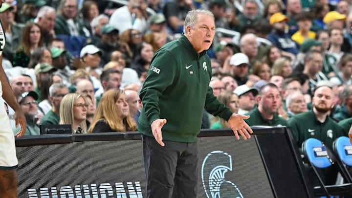 Mar 21, 2026; Buffalo, NY, USA; Michigan State Spartans head coach Tom Izzo reacts in the first half against the Louisville Cardinals during a second round game of the men's 2026 NCAA Tournament at Keybank Center. Mandatory Credit: Mark Konezny-Imagn Images