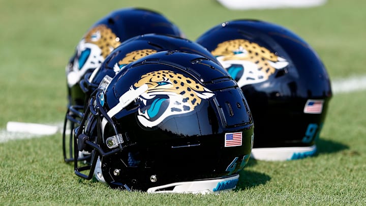 Jul 28, 2021; Jacksonville, FL, USA; Jacksonville Jaguars helmets lay next to the field prior to the start of training camp at Dream Finders Homes practice field Mandatory Credit: Nathan Ray Seebeck-Imagn Images Jul 28, 2021; Jacksonville, FL, USA; Jacksonville Jaguars helmets lay next to the field prior to the start of training camp at Dream Finders Homes practice field Mandatory Credit: Nathan Ray Seebeck-Imagn Images