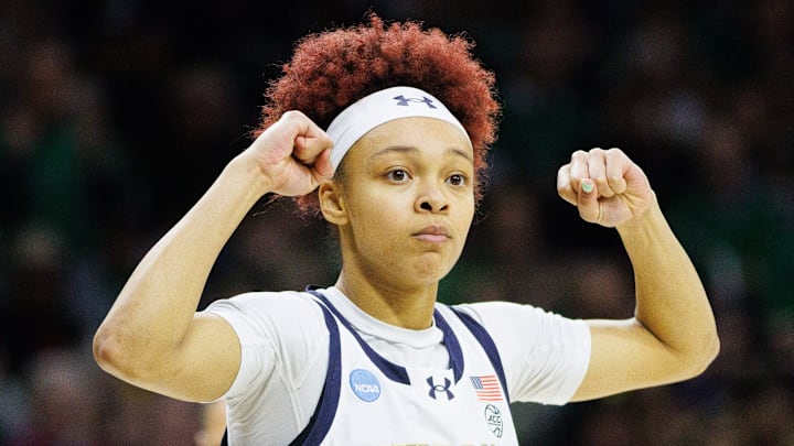 Notre Dame guard Hannah Hidalgo celebrates during the second round of the NCAA Women's Basketball Tournament between Notre Dame and Michigan at Purcell Pavilion on Sunday, March 23, 2025, in South Bend. Notre Dame guard Hannah Hidalgo celebrates during the second round of the NCAA Women's Basketball Tournament between Notre Dame and Michigan at Purcell Pavilion on Sunday, March 23, 2025, in South Bend.