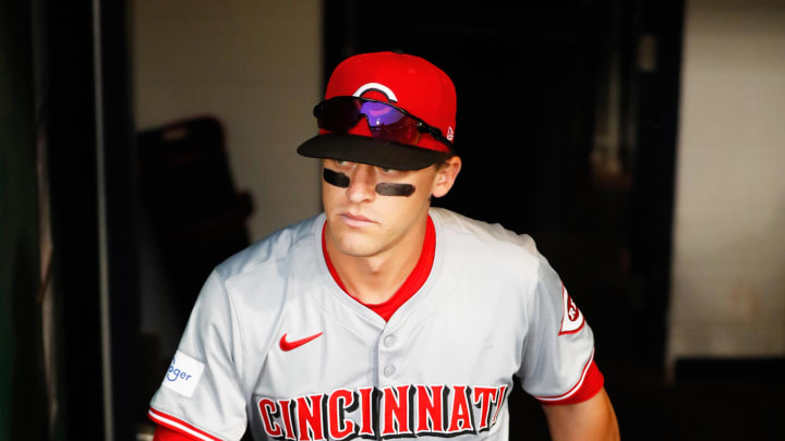 Jun 17, 2024; Pittsburgh, Pennsylvania, USA;  Cincinnati Reds center fielder TJ Friedl (29) enters the dugout to play the Pittsburgh Pirates at PNC Park. Mandatory Credit: Charles LeClaire-USA TODAY Sports
