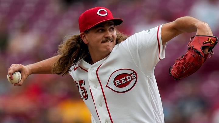 Cincinnati Reds pitcher Rhett Lowder (25) throws a pitch in the second inning of the MLB Interleague game between the Cincinnati Reds and the Athletics at Great American Ball Park in downtown Cincinnati on Wednesday, Aug. 5, 2026 The game was tied 1-1 after three innings.