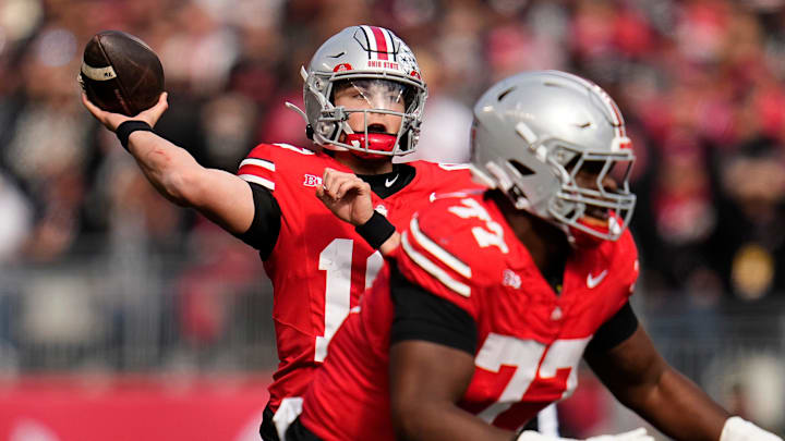Ohio State Buckeyes quarterback Julian Sayin (10) throws during the NCAA football game against the Penn State Nittany Lions at Ohio Stadium in Columbus on Nov. 1, 2025.