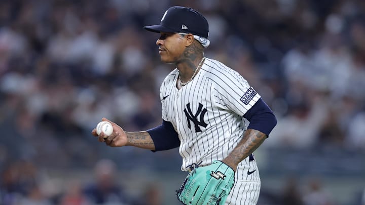Aug 2, 2024; Bronx, New York, USA; New York Yankees starting pitcher Marcus Stroman (0) reacts during the first inning against the Toronto Blue Jays at Yankee Stadium. Mandatory Credit: Brad Penner-Imagn Images
