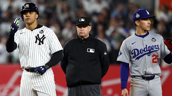 Oct 29, 2024; Bronx, New York, USA; New York Yankees outfielder Juan Soto (22) reacts after hitting a double against the Los Angeles Dodgers in the eighth inning during game four of the 2024 MLB World Series at Yankee Stadium. Mandatory Credit: Vincent Carchietta-Imagn Images Oct 29, 2024; Bronx, New York, USA; New York Yankees outfielder Juan Soto (22) reacts after hitting a double against the Los Angeles Dodgers in the eighth inning during game four of the 2024 MLB World Series at Yankee Stadium. Mandatory Credit: Vincent Carchietta-Imagn Images