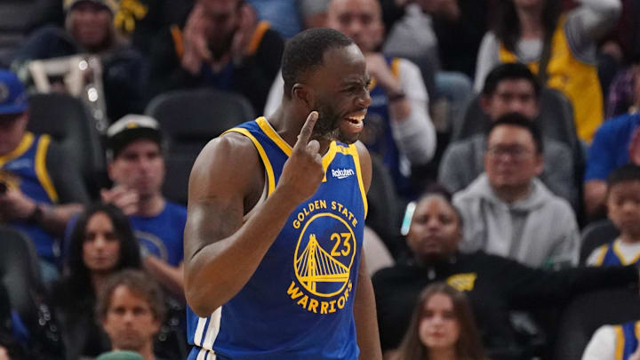 Jan 4, 2025; San Francisco, California, USA;  Golden State Warriors forward Draymond Green (23) argues with the referee during a game against the Memphis Grizzlies in the second quarter at Chase Center. Mandatory Credit: David Gonzales-Imagn Images