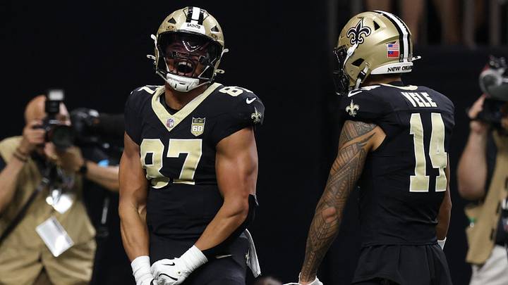 Sep 27, 2026; New Orleans, Louisiana, USA; New Orleans Saints tight end Noah Fant (87) reacts after scoring a touchdown in the third quarter against the Las Vegas Raiders at Caesars Superdome. Mandatory Credit: Stephen Lew-Imagn Images Sep 27, 2026; New Orleans, Louisiana, USA; New Orleans Saints tight end Noah Fant (87) reacts after scoring a touchdown in the third quarter against the Las Vegas Raiders at Caesars Superdome. Mandatory Credit: Stephen Lew-Imagn Images