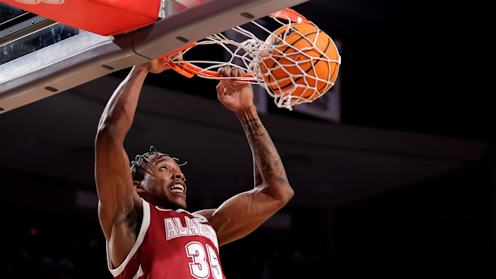 Jan 11, 2025; College Station, Texas, USA; Alabama Crimson Tide forward Derrion Reid (35) dunks against the Texas A&M Aggies during the second half at Reed Arena. Mandatory Credit: Erik Williams-Imagn Images