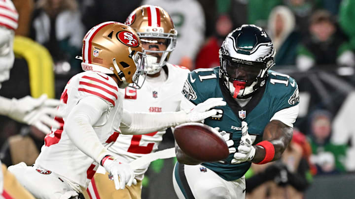 Jan 11, 2026; Philadelphia, PA, USA; Philadelphia Eagles wide receiver A.J. Brown (11) doesn't make catch while being defended by San Francisco 49ers safety Marques Sigle (36) during the second quarter in an NFC Wild Card Round game at Lincoln Financial Field. Mandatory Credit: Eric Hartline-Imagn Images