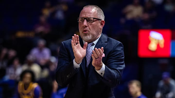 Mar 8, 2025; Baton Rouge, Louisiana, USA; Texas A&M Aggies head coach Buzz Williams looks on against the LSU Tigers during the first half at Pete Maravich Assembly Center. Mandatory Credit: Stephen Lew-Imagn Images