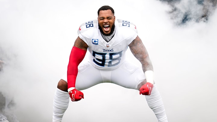 Tennessee Titans defensive tackle Jeffery Simmons heads to the field before a game against the New York Jets at Nissan Stadium in Nashville, Tenn., Sunday, Sept. 15, 2024. Tennessee Titans defensive tackle Jeffery Simmons heads to the field before a game against the New York Jets at Nissan Stadium in Nashville, Tenn., Sunday, Sept. 15, 2024.