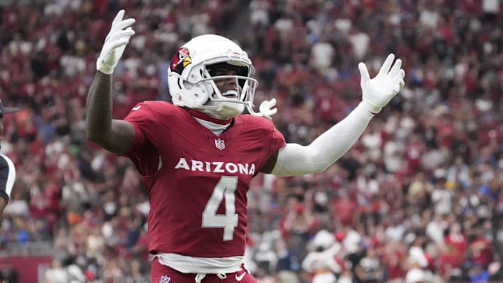 Arizona Cardinals wide receiver Greg Dortch (4) celebrates after his team scored against the Los Angeles Rams during the first quarter at State Farm Stadium.