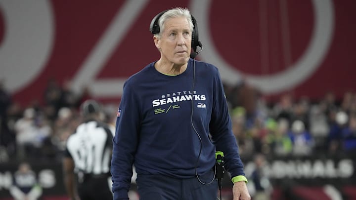 Seattle Seahawks head coach Pete Carroll watches his team play against the Arizona Cardinals during the third quarter at State Farm Stadium in Glendale on Jan. 7, 2024.