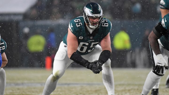 Jan 19, 2025; Philadelphia, Pennsylvania, USA; Philadelphia Eagles offensive tackle Lane Johnson (65) against the Los Angeles Rams in a 2025 NFC divisional round game at Lincoln Financial Field. Mandatory Credit: Eric Hartline-Imagn Images