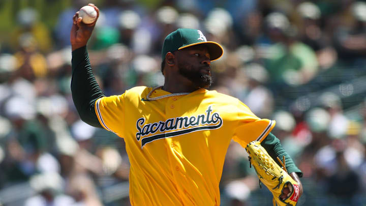 Apr 18, 2026; West Sacramento, California, USA; Athletics pitcher Luis Severino (40) throws to a Chicago White Sox batter during the first inning at Sutter Health Park. 