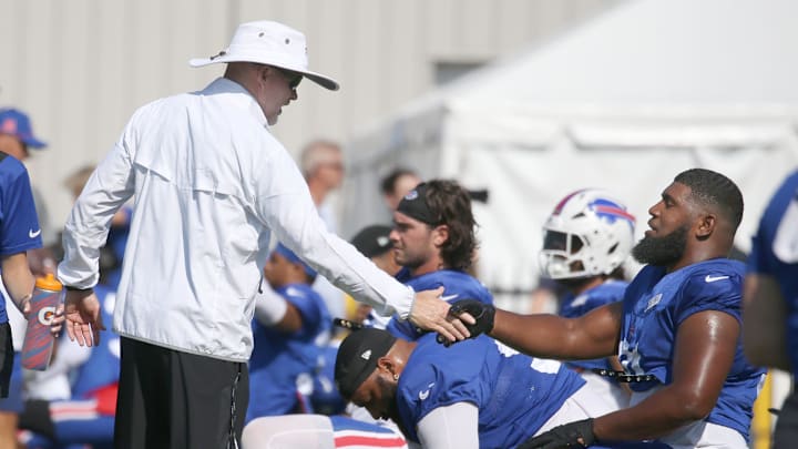 Bills head coach Sean McDermott visits with tackle Ed Oliver during day five of Buffalo Bills training camp at St. John Fisher University Monday, July 28, 2025 in Pittsford, NY.