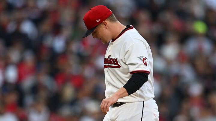 Oct 18, 2026; Cleveland, Ohio, USA; Cleveland Guardians pitcher Parker Messick (77) reacts after giving up a run against the Tampa Bay Rays during the first inning in game five of the ALCS for the 2026 MLB Playoffs at Progressive Field. Mandatory Credit: Ken Blaze-Imagn Images Oct 18, 2026; Cleveland, Ohio, USA; Cleveland Guardians pitcher Parker Messick (77) reacts after giving up a run against the Tampa Bay Rays during the first inning in game five of the ALCS for the 2026 MLB Playoffs at Progressive Field. Mandatory Credit: Ken Blaze-Imagn Images