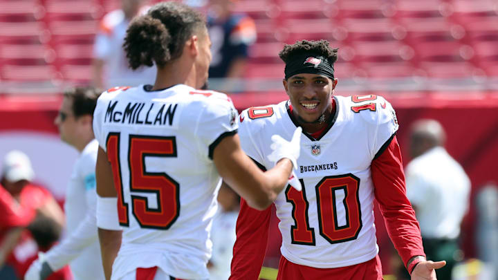 Sep 22, 2024; Tampa, Florida, USA;  Tampa Bay Buccaneers wide receiver Trey Palmer (10) and wide receiver Jalen McMillan (15) workout prior the game against the Denver Broncos at Raymond James Stadium. Mandatory Credit: Kim Klement Neitzel-Imagn Images