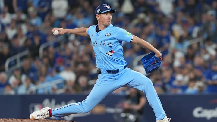 Oct 31, 2025; Toronto, Ontario, CAN; Toronto Blue Jays pitcher Chris Bassitt (40) throws a pitch in the ninth inning for game six of the 2025 MLB World Series at Rogers Centre. Mandatory Credit: Nick Turchiaro-Imagn Images